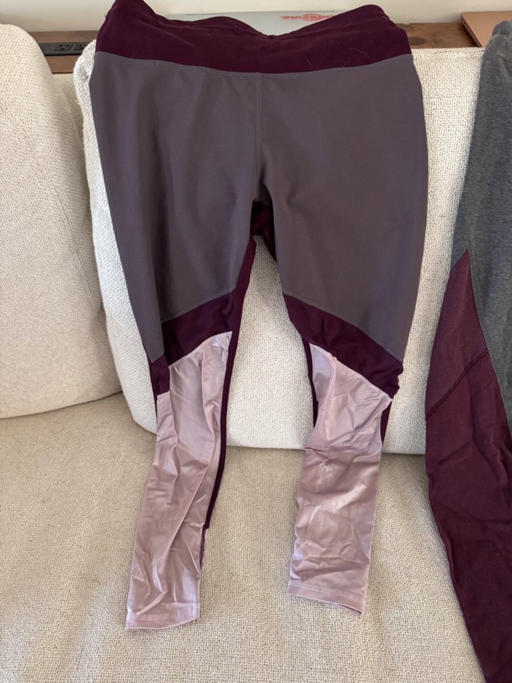 Fabletics Colorblock Leggings in Gray and Burgundy with Dusty Pink Panels